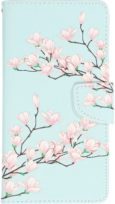 Fourre iPhone 13 - Premium Wallet flip fermeture magnétique et porte-carte - Fleures Sakura - Bleu clair