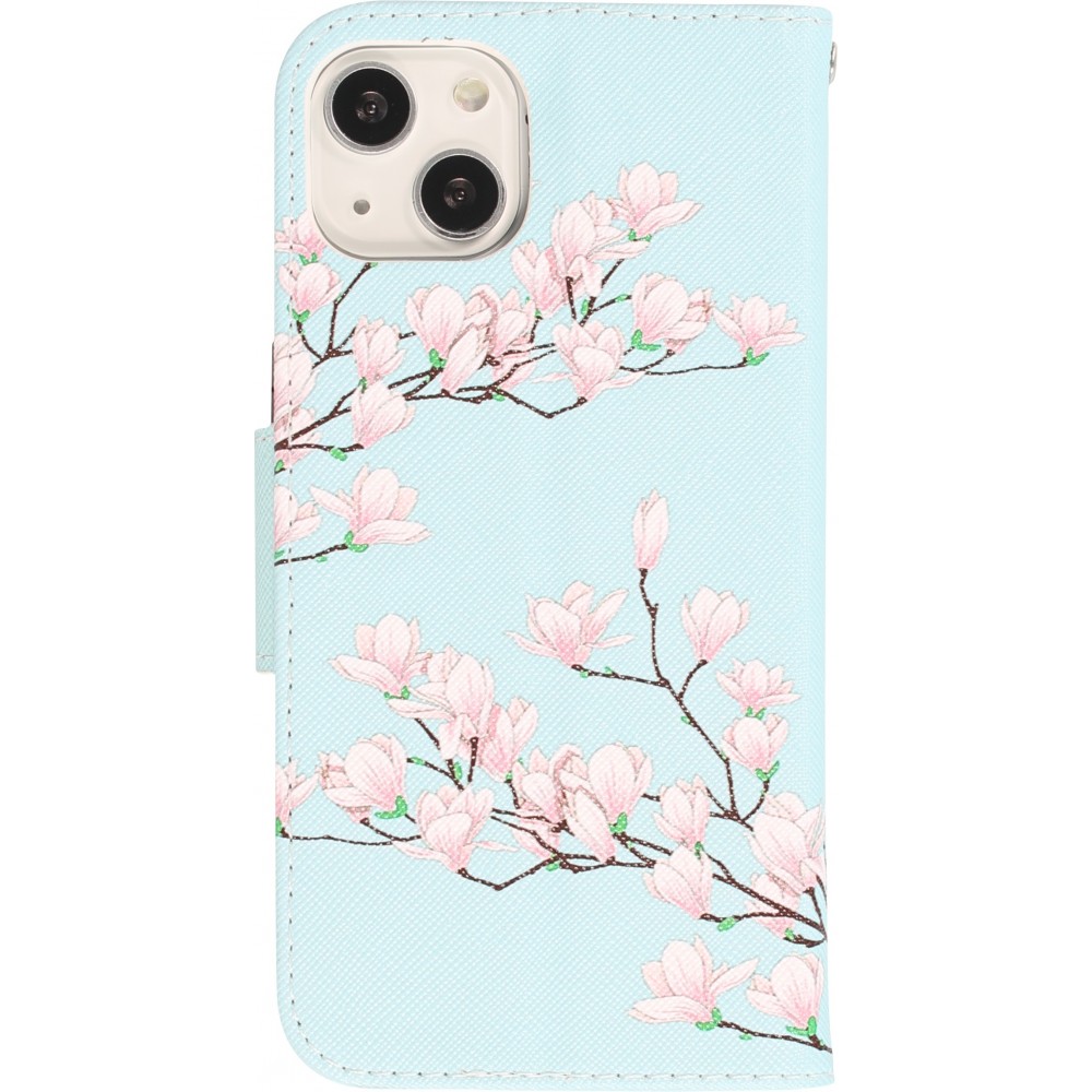 iPhone 13 Case Hülle - Premium Wallet Flip-Magnetverschluss und Kartenfach - Sakura Baum - Hellblau