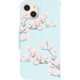 iPhone 13 Case Hülle - Premium Wallet Flip-Magnetverschluss und Kartenfach - Sakura Baum - Hellblau