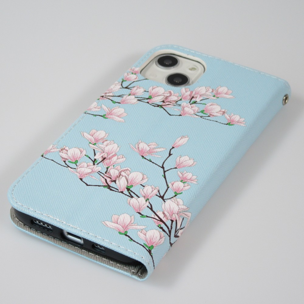 iPhone 13 Case Hülle - Premium Wallet Flip-Magnetverschluss und Kartenfach - Sakura Baum - Hellblau