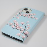 Fourre iPhone 13 - Premium Wallet flip fermeture magnétique et porte-carte - Fleures Sakura - Bleu clair