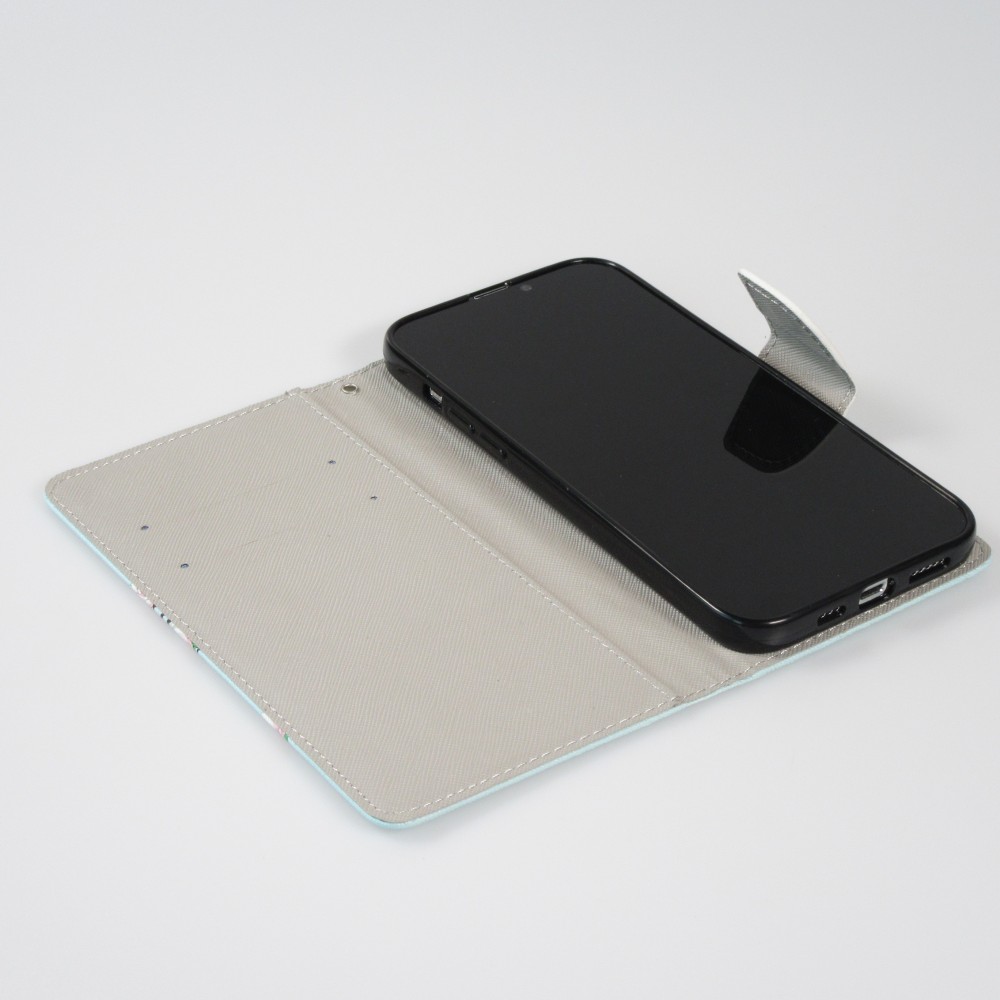 iPhone 13 Case Hülle - Premium Wallet Flip-Magnetverschluss und Kartenfach - Sakura Baum - Hellblau