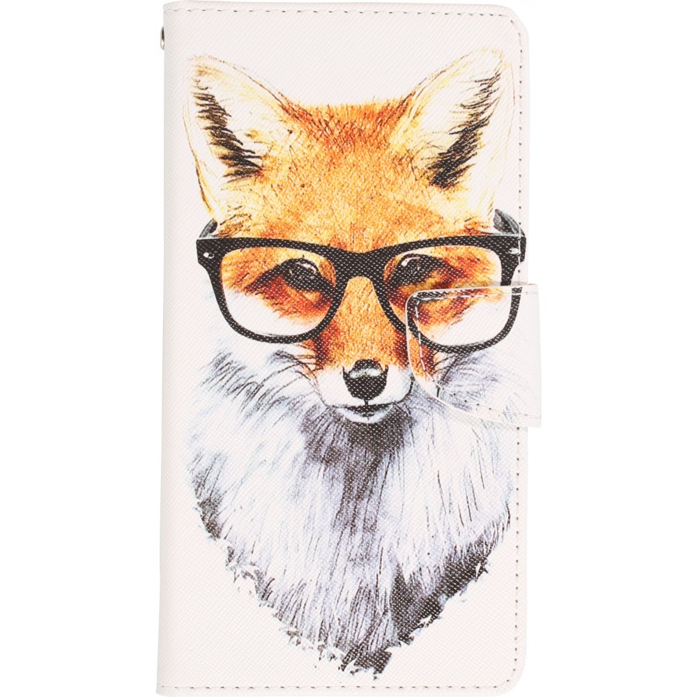 iPhone 13 Case Hülle - Premium Wallet Flip-Magnetverschluss und Kartenfach - Professor Fox - Weiss