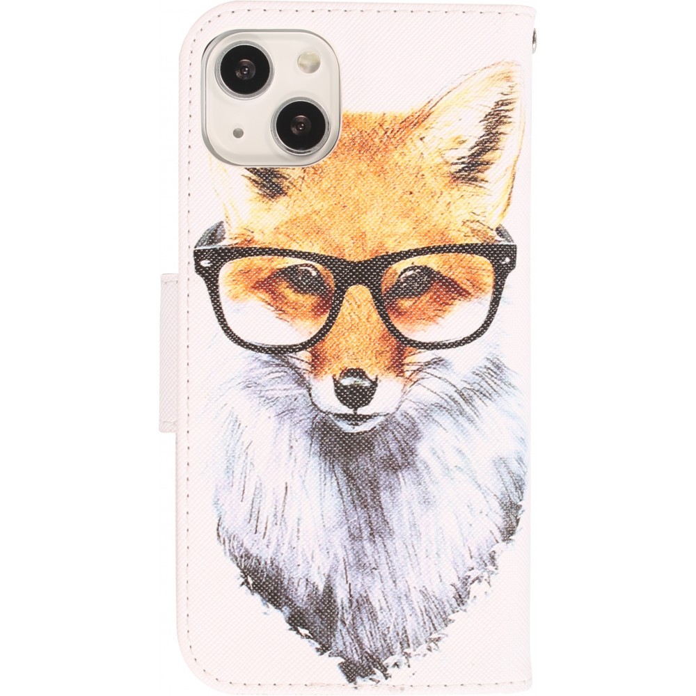 iPhone 13 Case Hülle - Premium Wallet Flip-Magnetverschluss und Kartenfach - Professor Fox - Weiss