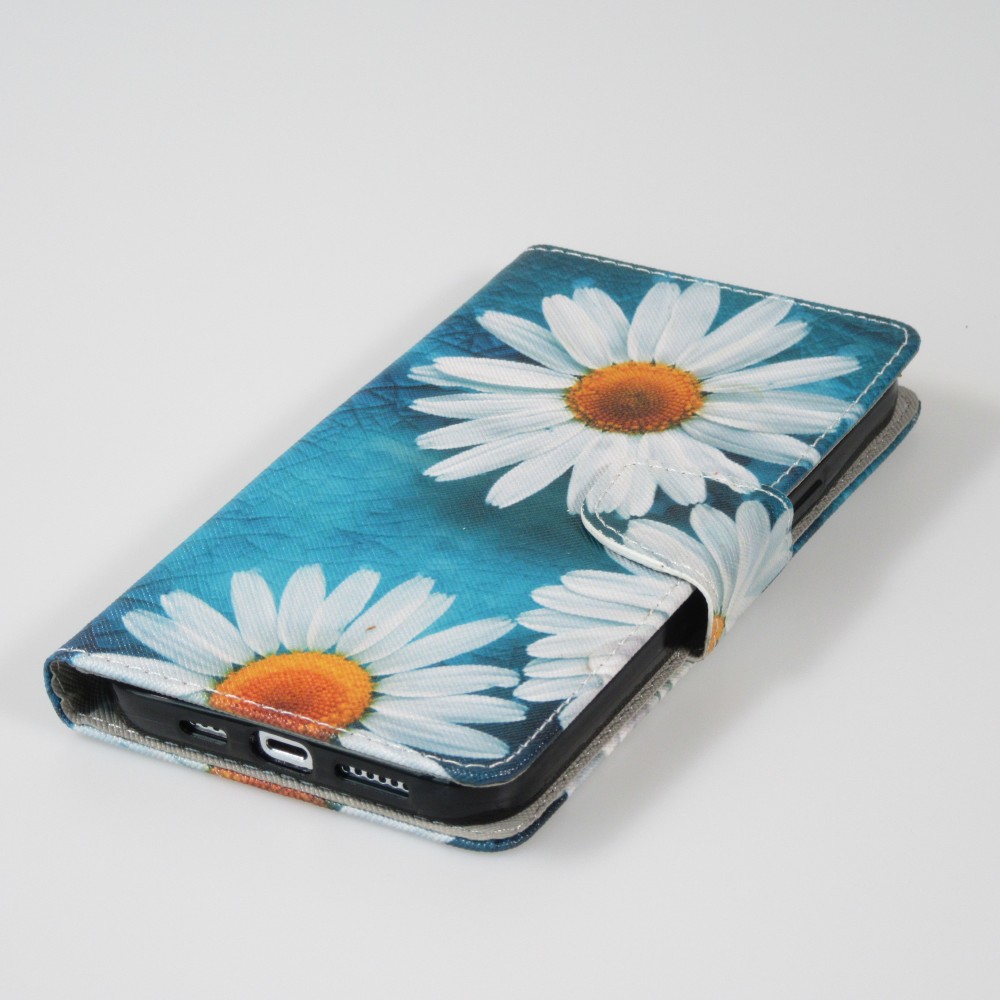 Fourre iPhone 13 - Premium Wallet flip fermeture magnétique et porte-carte - marguerite - Bleu