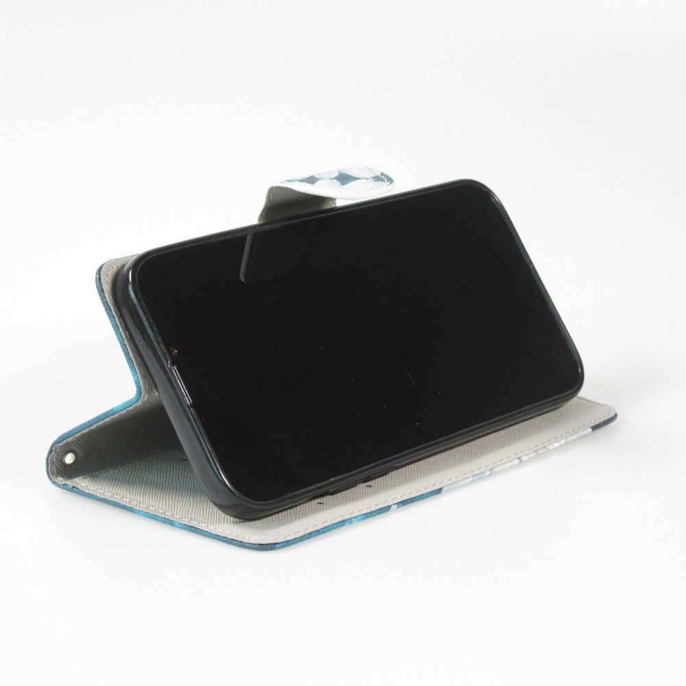 Fourre iPhone 13 - Premium Wallet flip fermeture magnétique et porte-carte - marguerite - Bleu
