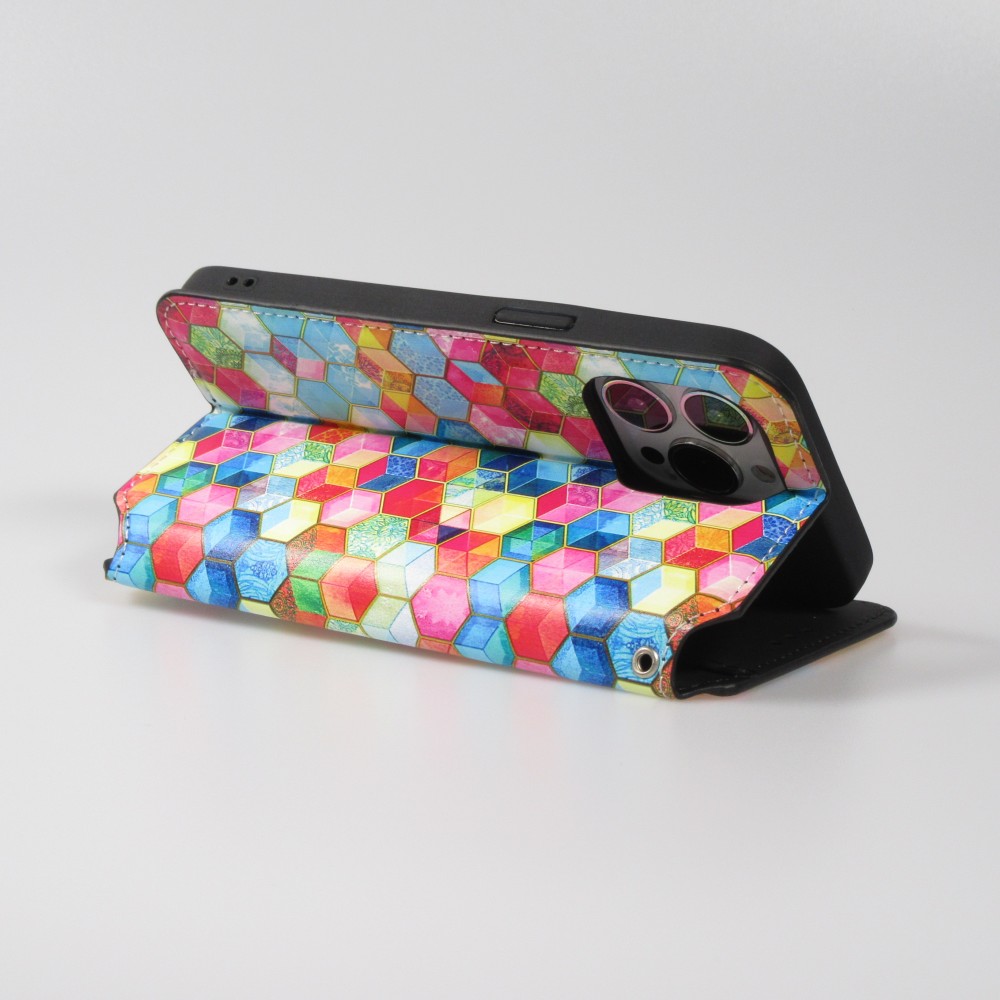 iPhone 13 Pro Case Hülle - Flip Geometrische cubes mit Ablage für Kreditkarten, Ticket, SIM-Karte - Multi-col- Or