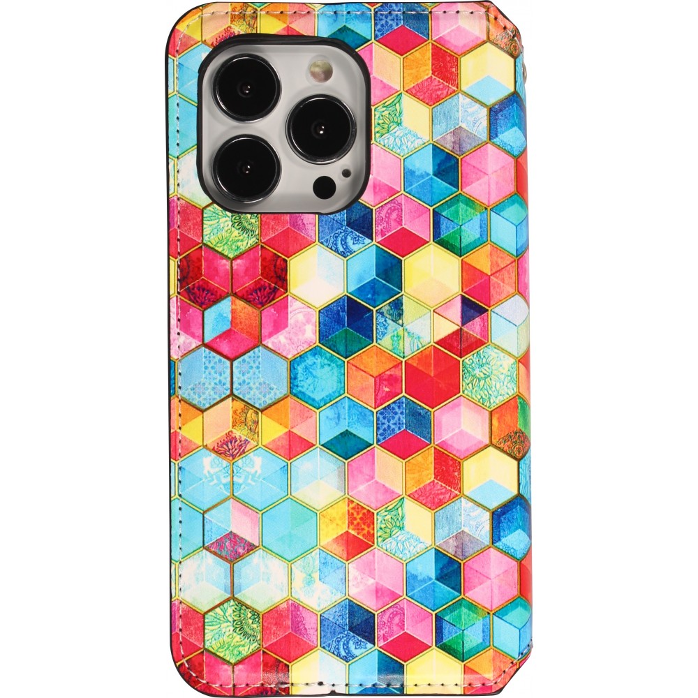 iPhone 13 Pro Max Case Hülle - Flip Geometrische cubes mit Ablage für Kreditkarten, Ticket, SIM-Karte - Multi-col- Or