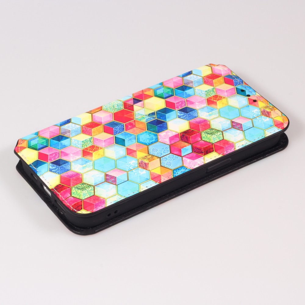 iPhone 13 Pro Case Hülle - Flip Geometrische cubes mit Ablage für Kreditkarten, Ticket, SIM-Karte - Multi-col- Or
