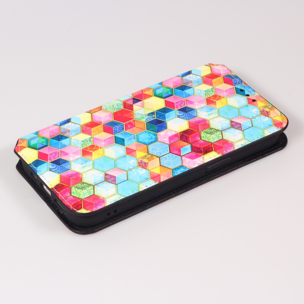 iPhone 13 Pro Max Case Hülle - Flip Geometrische cubes mit Ablage für Kreditkarten, Ticket, SIM-Karte - Multi-col- Or