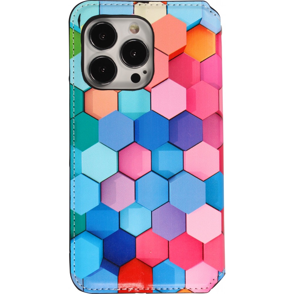 Fourre iPhone 13 Pro Max - Flip Géométrique hexagones avec rangement pour cartes de crédit, billet, carte SIM - Multi-couleurs
