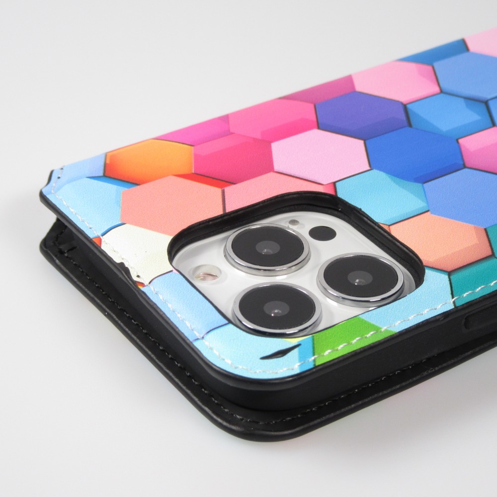 iPhone 13 Pro Case Hülle - Flip Geometrische hexagone mit Ablage für Kreditkarten, Ticket, SIM-Karte - Multi-col- Or