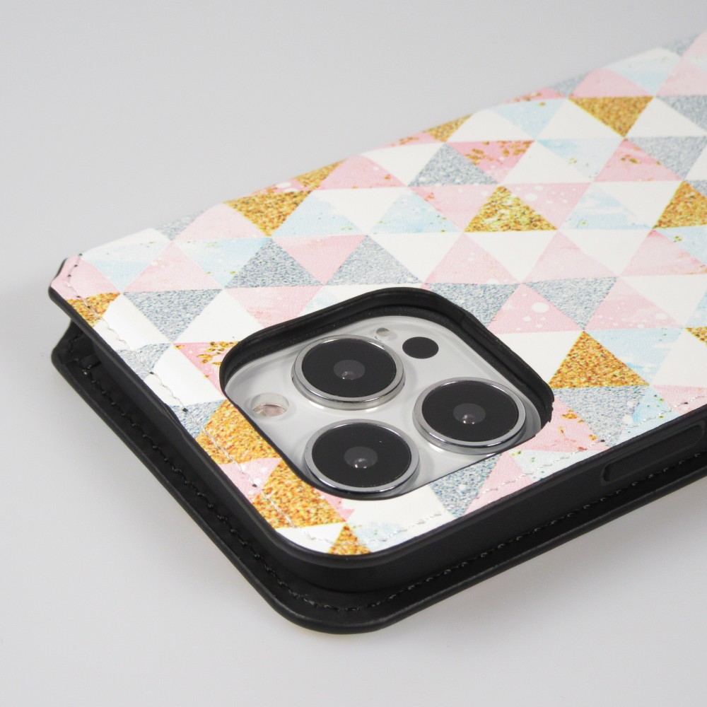 Fourre iPhone 13 Pro Max - Flip Géométrique triangles avec rangement pour cartes de crédit, billet, carte SIM