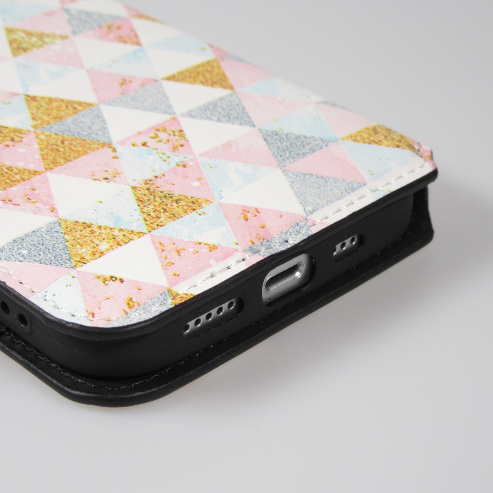 Fourre iPhone 13 Pro Max - Flip Géométrique triangles avec rangement pour cartes de crédit, billet, carte SIM