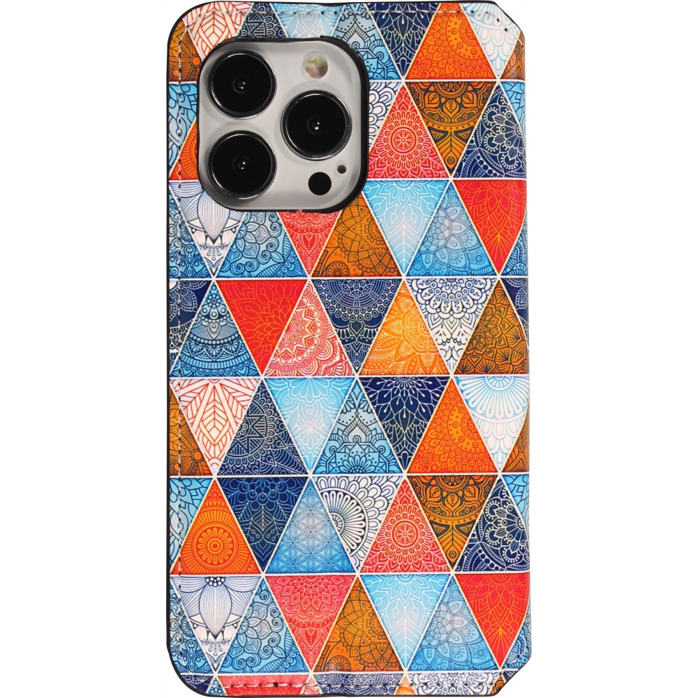 iPhone 13 Pro Case Hülle - Flip Geometrische orientalische Dreiecke mit Ablage für Kreditkarten, Ticket, SIM-Karte