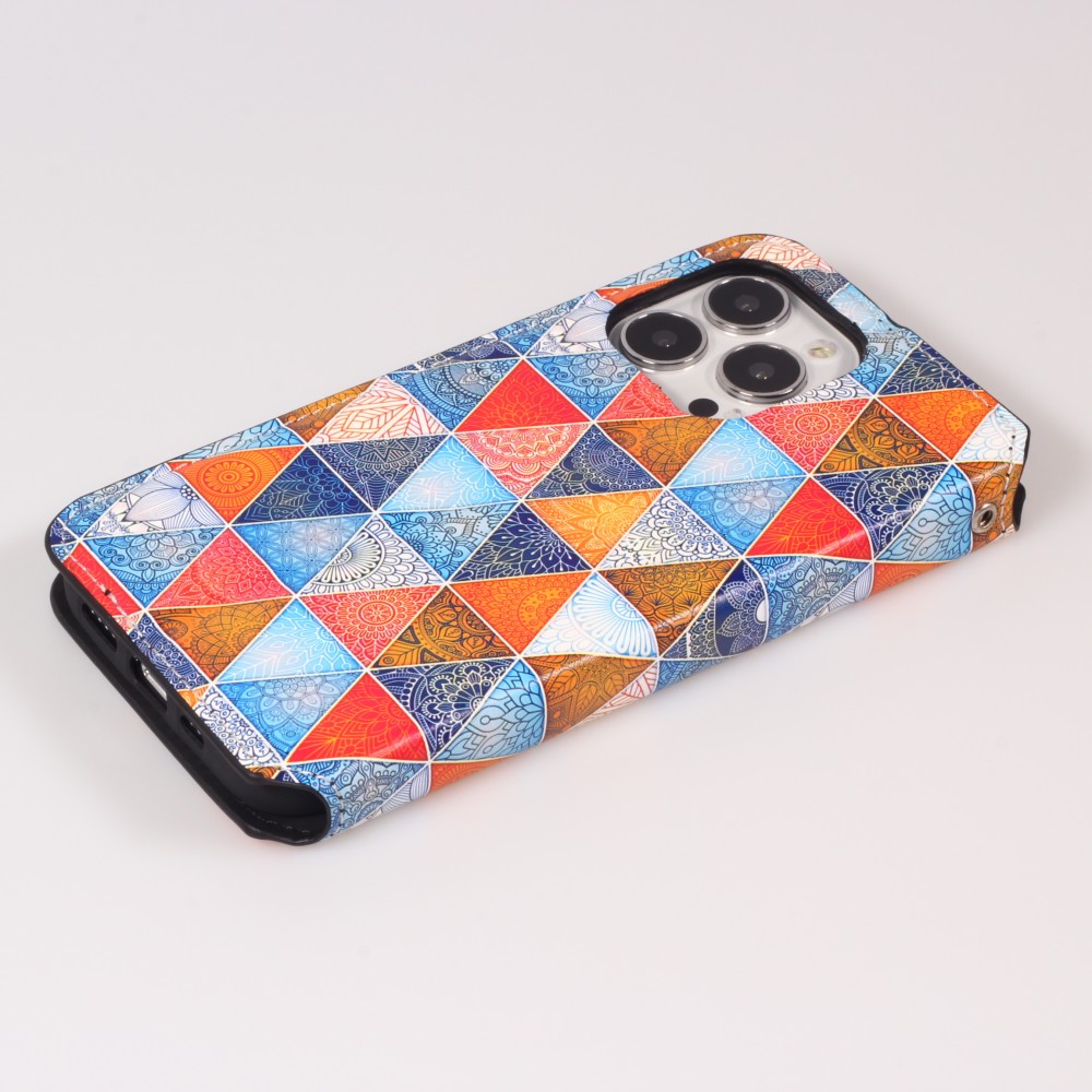 iPhone 13 Pro Case Hülle - Flip Geometrische orientalische Dreiecke mit Ablage für Kreditkarten, Ticket, SIM-Karte
