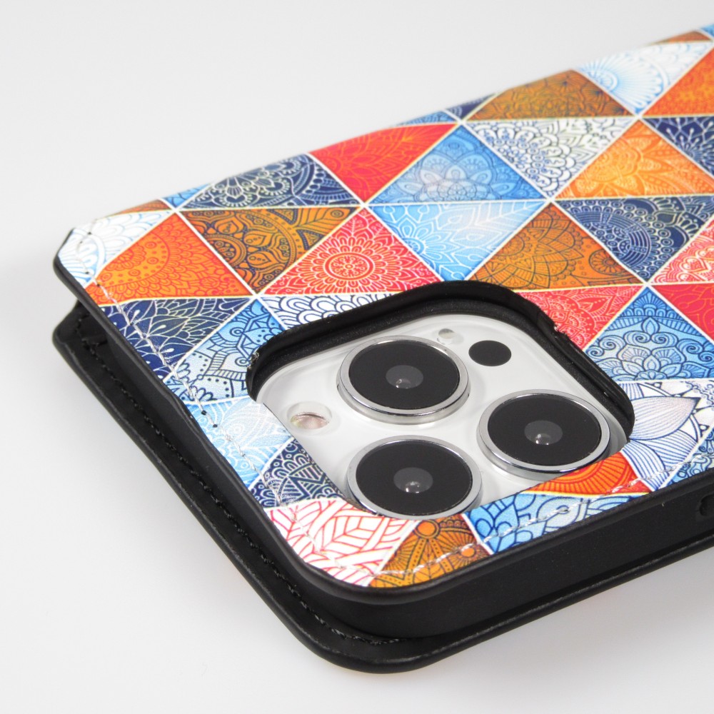 iPhone 13 Pro Case Hülle - Flip Geometrische orientalische Dreiecke mit Ablage für Kreditkarten, Ticket, SIM-Karte
