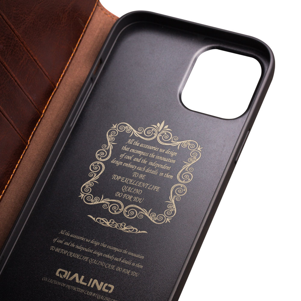 Fourre iPhone 13 Pro Max - Flip Qialino cuir véritable - Brun
