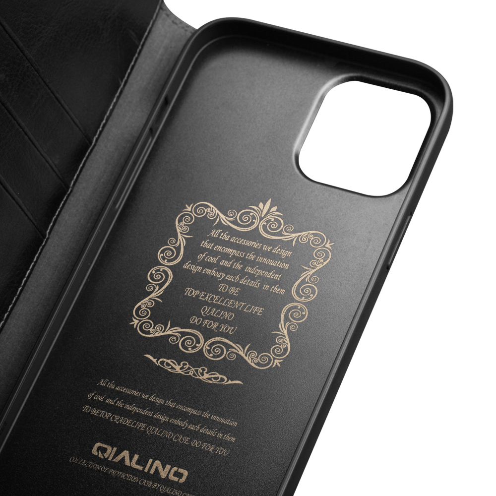 Fourre iPhone 13 Pro Max - Flip Qialino cuir véritable - Noir