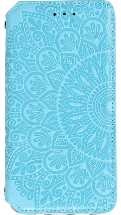 Fourre iPhone 13 Pro - Flip Wallet fashion mandala design artistique - Bleu clair