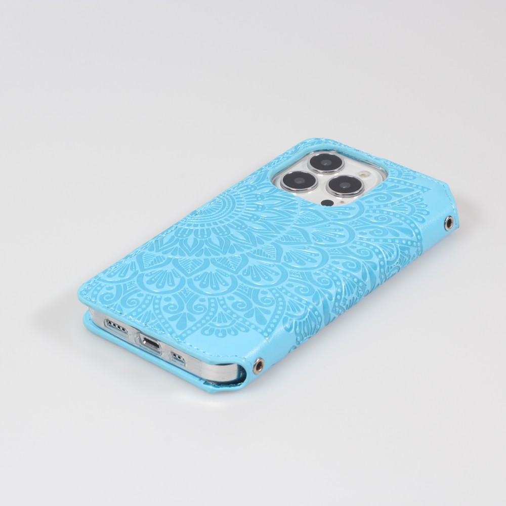 Fourre iPhone 13 Pro Max - Flip Wallet fashion mandala design artistique - Bleu clair