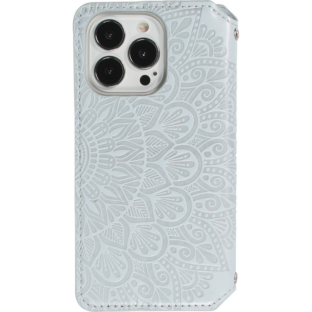 Fourre iPhone 13 Pro Max - Flip Wallet fashion mandala design artistique - Gris