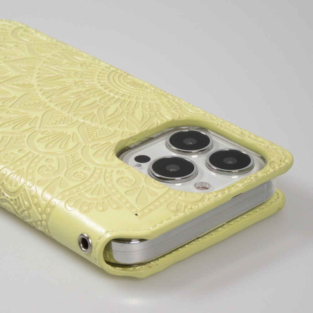 Fourre iPhone 13 Pro Max - Flip Wallet fashion mandala design artistique - Jaune