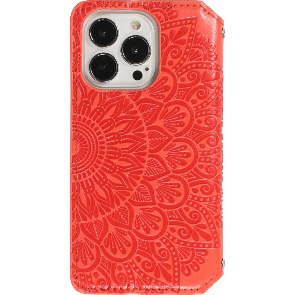Fourre iPhone 13 Pro Max - Flip Wallet fashion mandala design artistique - Rouge