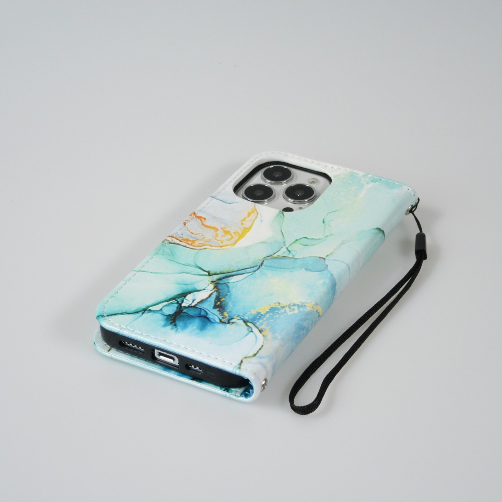 iPhone 13 Pro Max Case Hülle - Flip Wallet Liquid Color mit Magnet Verschluss - Mint Wave