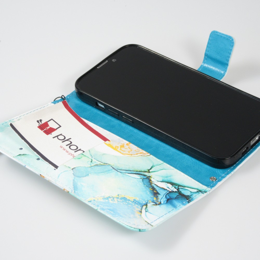 iPhone 13 Pro Max Case Hülle - Flip Wallet Liquid Color mit Magnet Verschluss - Mint Wave