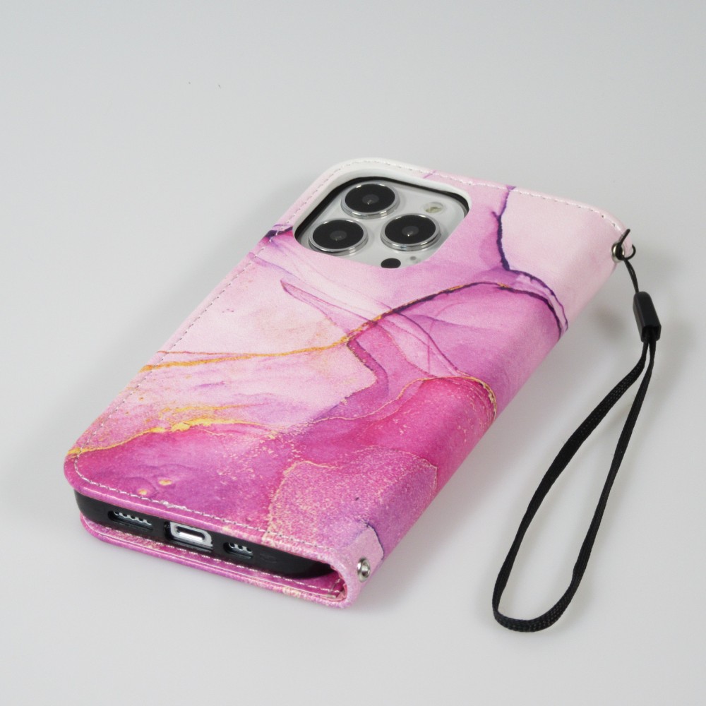 Fourre iPhone 13 Pro - Flip Wallet Liquid Color avec fermeture à aimant - Purple Sunset