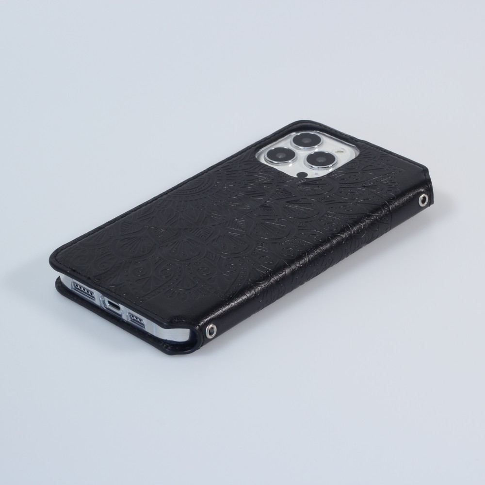 iPhone 13 Case Hülle - Flip Wallet Fashion künstlerisches Mandala Design - Schwarz