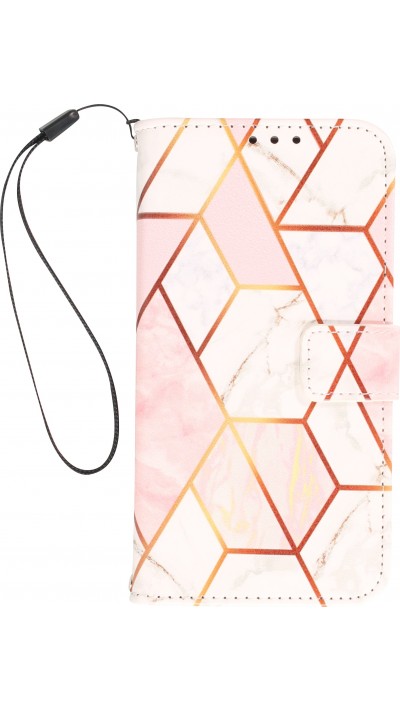 iPhone 12 / 12 Pro Case Hülle - Flip Wallet marmor geometric lines mit Magnet Verschluss - Rosa
