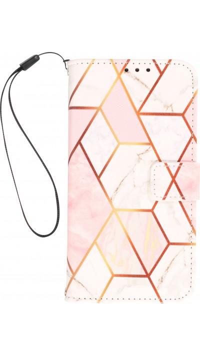 iPhone 13 Pro Max Case Hülle - Flip Wallet marmor geometric lines mit Magnet Verschluss - Rosa