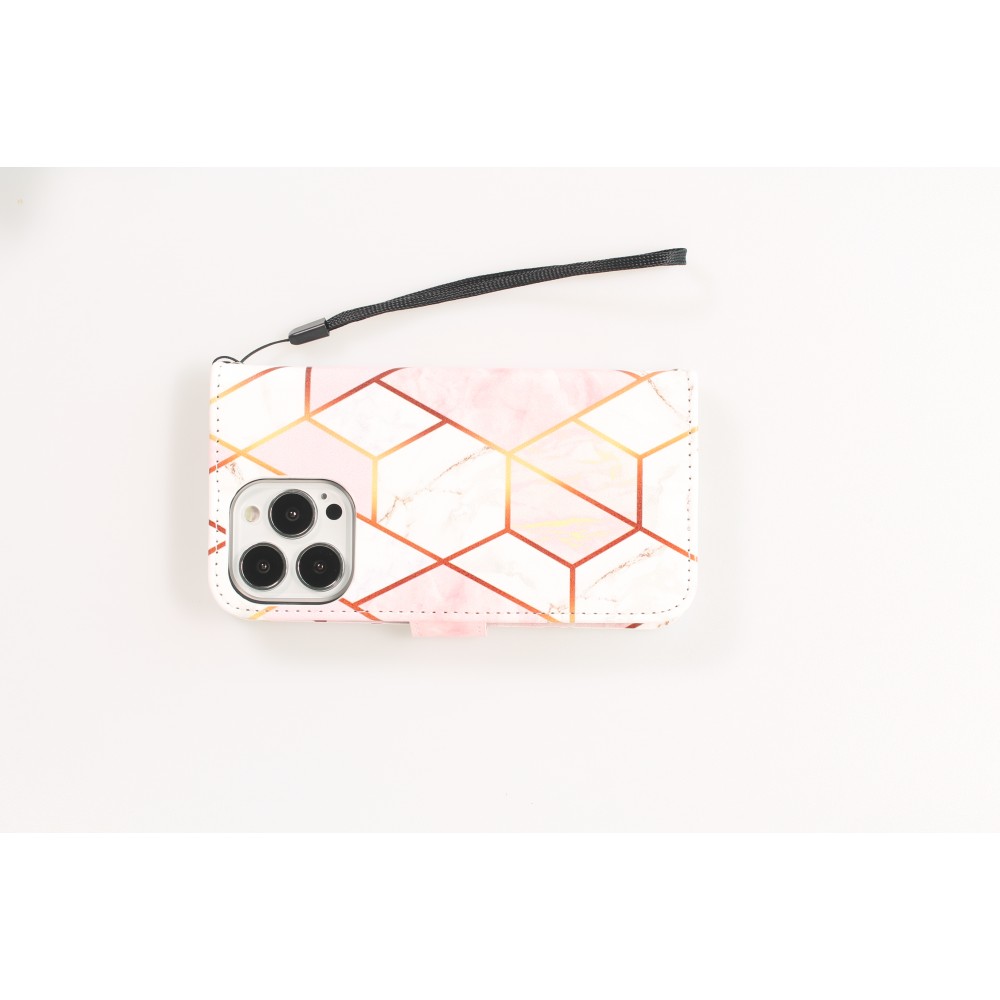 Fourre iPhone 13 Pro Max - Flip Wallet marble geometric lines avec fermeture à aimant - Rose