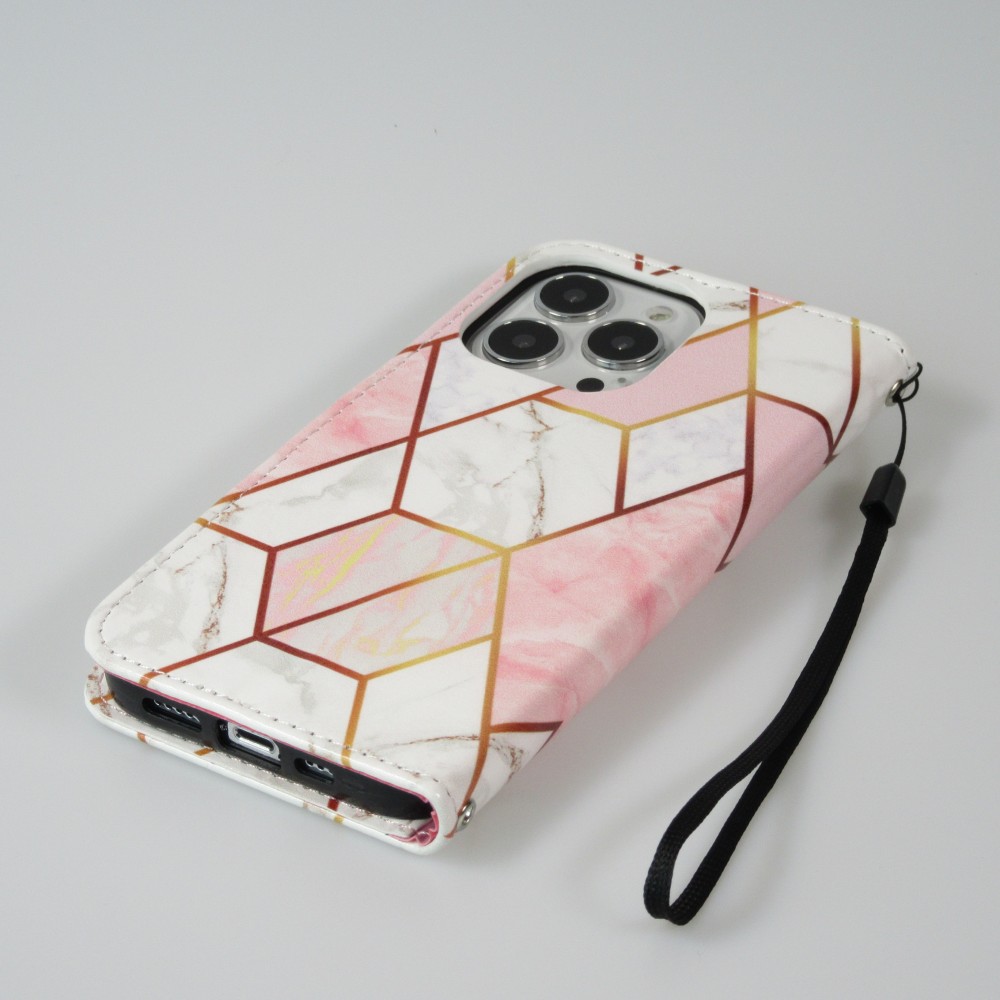 Fourre iPhone 13 Pro Max - Flip Wallet marble geometric lines avec fermeture à aimant - Rose