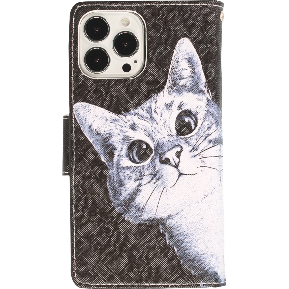 iPhone 13 Pro Max Case Hülle - Premium Wallet Flip-Magnetverschluss und Kartenfach - Cat Looking at you - Schwarz