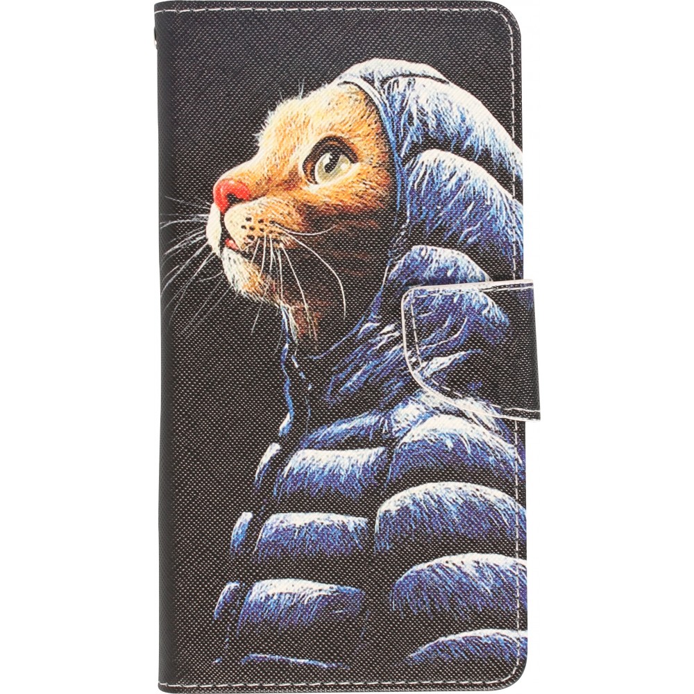 iPhone 12 / 12 Pro Case Hülle - Premium Wallet Flip-Magnetverschluss und Kartenfach - Katze in Jacke - Schwarz