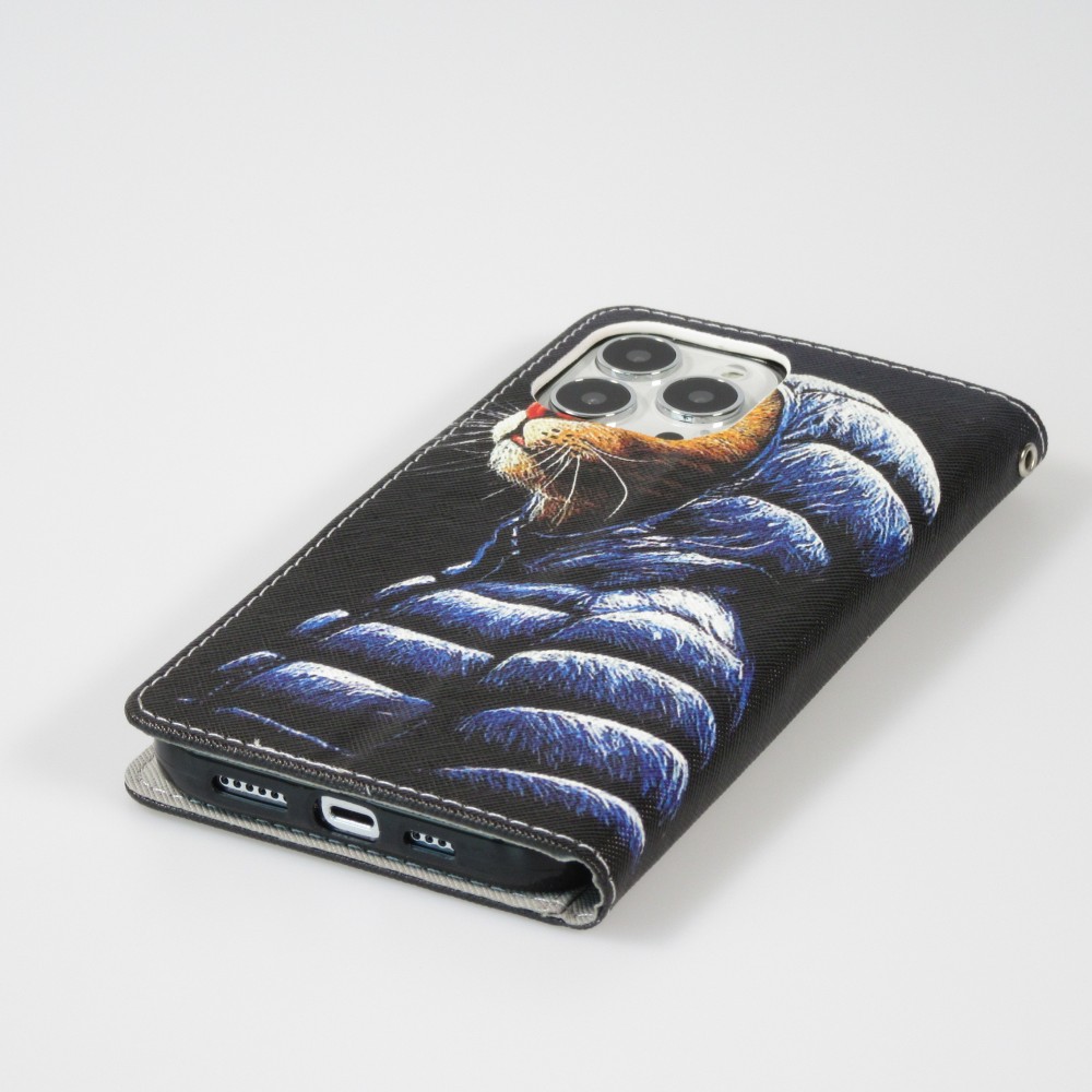 Fourre iPhone 12 / 12 Pro - Premium Wallet flip fermeture magnétique et porte-carte - Chat en doudoune - Noir