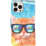 iPhone 13 Pro Max Case Hülle - Premium Wallet Flip-Magnetverschluss und Kartenfach - Cool Cat sunglasses