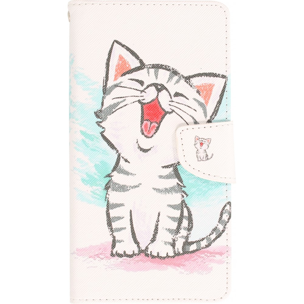Fourre iPhone 12 / 12 Pro - Premium Wallet flip fermeture magnétique et porte-carte - Cute happy kitten - Blanc