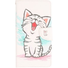 Fourre iPhone 12 / 12 Pro - Premium Wallet flip fermeture magnétique et porte-carte - Cute happy kitten - Blanc