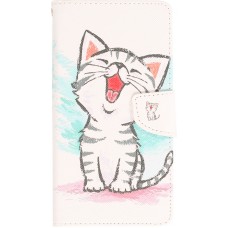 Fourre iPhone 13 Pro Max - Premium Wallet flip fermeture magnétique et porte-carte - Cute happy kitten - Blanc