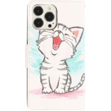 Fourre iPhone 12 / 12 Pro - Premium Wallet flip fermeture magnétique et porte-carte - Cute happy kitten - Blanc