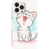 Fourre iPhone 13 Pro Max - Premium Wallet flip fermeture magnétique et porte-carte - Cute happy kitten - Blanc