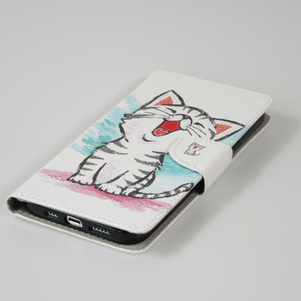 Fourre iPhone 12 / 12 Pro - Premium Wallet flip fermeture magnétique et porte-carte - Cute happy kitten - Blanc