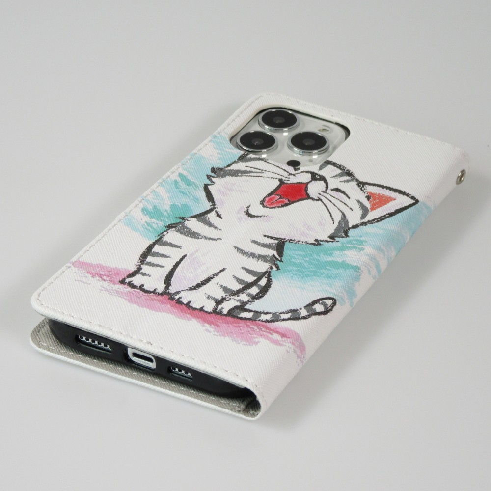 Fourre iPhone 12 / 12 Pro - Premium Wallet flip fermeture magnétique et porte-carte - Cute happy kitten - Blanc