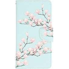 Fourre iPhone 13 Pro Max - Premium Wallet flip fermeture magnétique et porte-carte - Fleures Sakura - Bleu clair