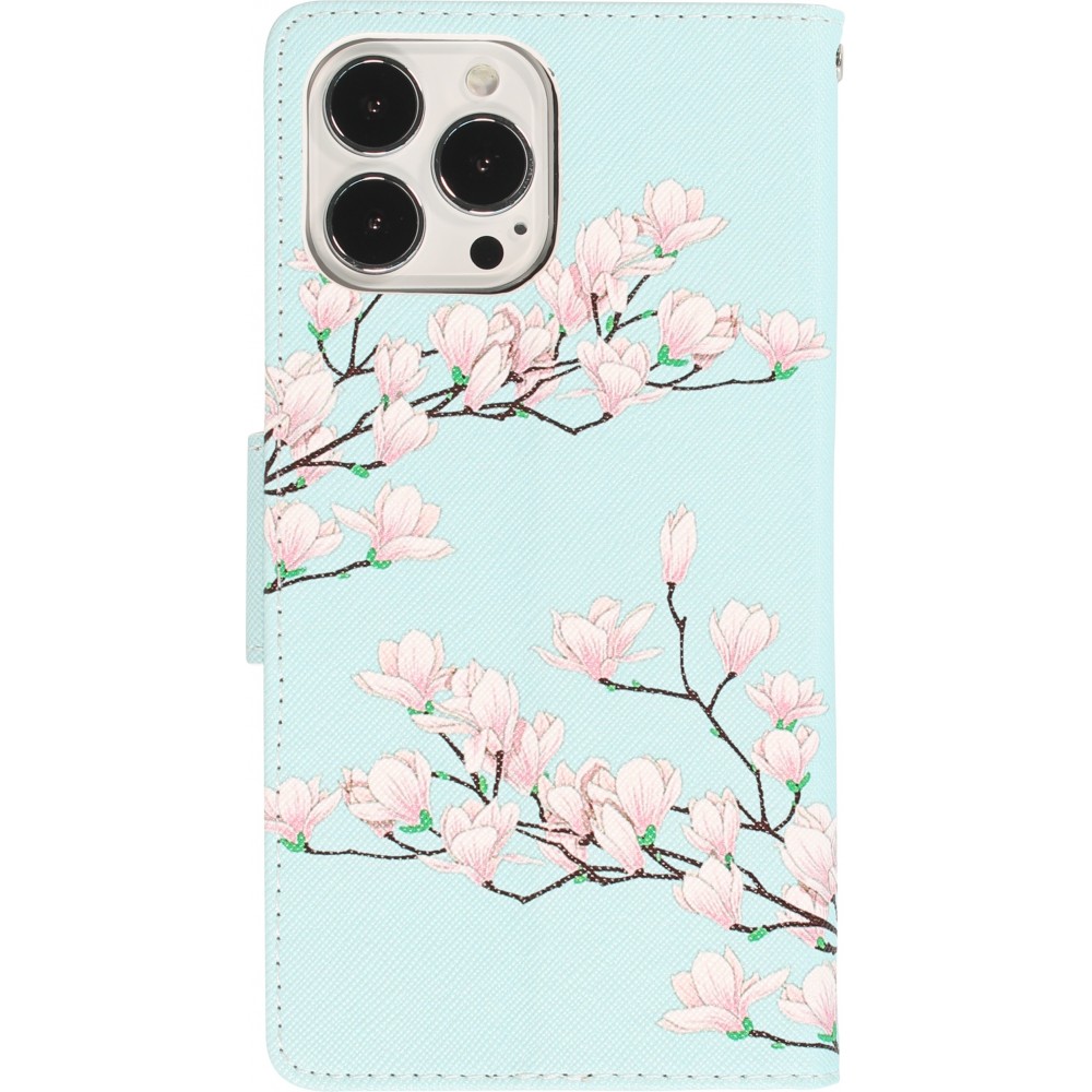 iPhone 13 Pro Case Hülle - Premium Wallet Flip-Magnetverschluss und Kartenfach - Sakura Baum - Hellblau