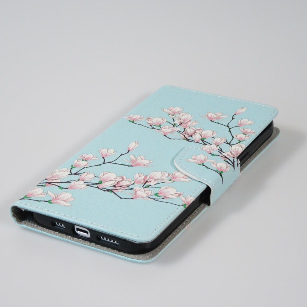 Fourre iPhone 13 Pro Max - Premium Wallet flip fermeture magnétique et porte-carte - Fleures Sakura - Bleu clair